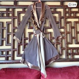 Anthropologie Ruffle Velvet Mesh Long Brown Cardigan Medium Silk Sheer Boho Y2K